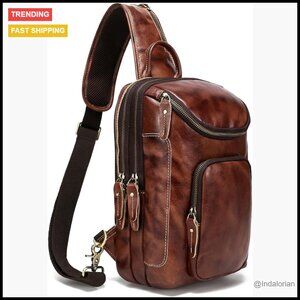 Vintage Full Grain Leather Sling Daypack Crossbody Chest Bag Retro Travel